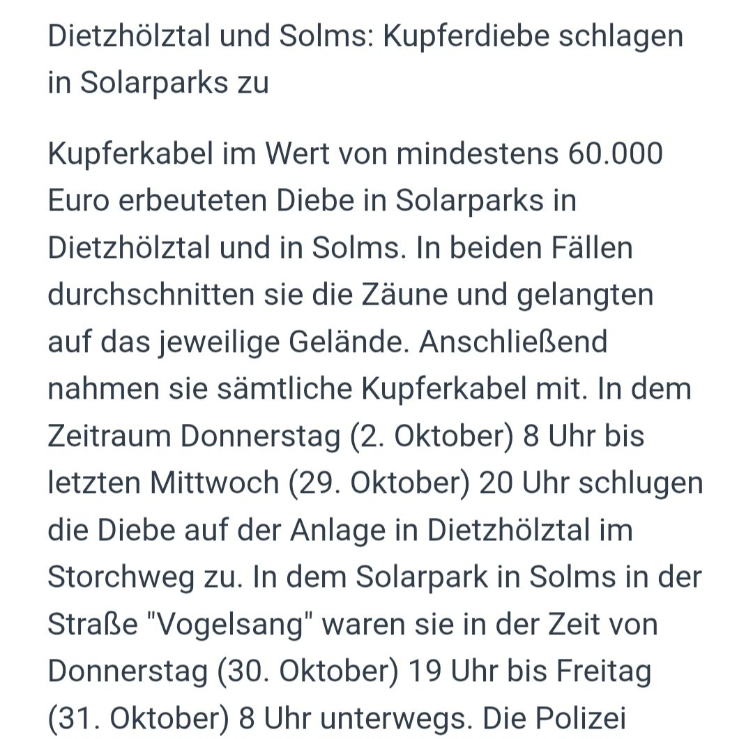 Kupferkabel von eLadestation klauen: Schnee von gestern! Neuester Trend: Kupferkabel von einem ganzen Solarpark abräumen.