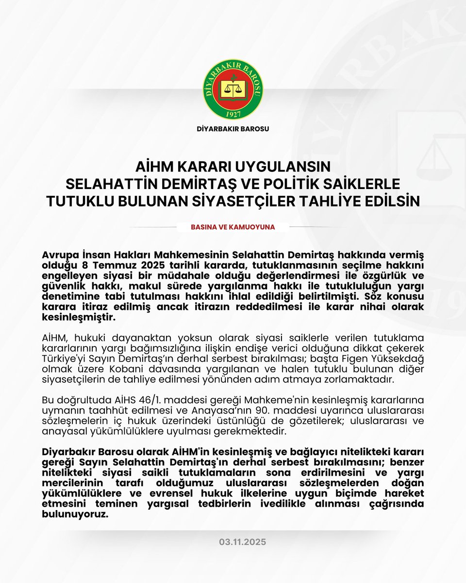 AİHM KARARI UYGULANSIN
SELAHATTİN DEMİRTAŞ VE POLİTİK SAİKLERLE TUTUKLU BULUNAN SİYASETÇİLER TAHLİYE EDİLSİN.
