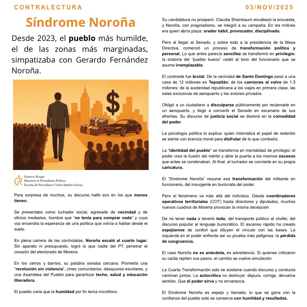 _GustavoRoque's tweet photo. Desde los barrios y vecindades hasta el Senado, Gerardo Fernández Noroña encarnó el discurso del pueblo… hasta que el privilegio lo transformó
#noticias #PolíticaMexicana #Noroña #Poder #Transformación #México #Opinión #ReflexiónSocial #tbt #fy #parati #viral #tendencia #Morena https://t.co/X8OeiNoaO2