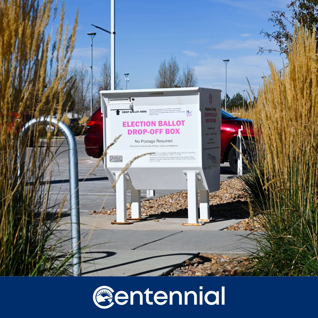 Make your voice heard, Centennial! 🗳️ 

Election Day is Tuesday, Nov. 4 — ballots due by 7 p.m.

Drop yours at the Centennial Civic Center (13133 E. Arapahoe Rd.) — open 24/7 until polls close.

Learn more at arapahoevotes.gov or from <a href="/ArapahoeClerk/">Arapahoe County Clerk & Recorder</a> and <a href="/ArapahoeCounty/">Arapahoe County</a> ✅