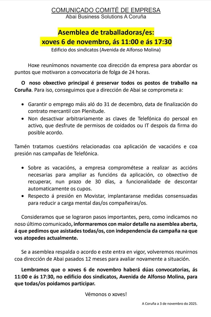 CGTEXTEL's tweet photo. 🔴 Aviso importante

ASEMBLEA DE TRABALLADORXS

Data: 6 de novembro
Horarios: 11.00 e 17.30
Lugar: Edificio dos sindicatos, Avenida Alfonso Molina

Participa! https://t.co/DALfs5KhkC