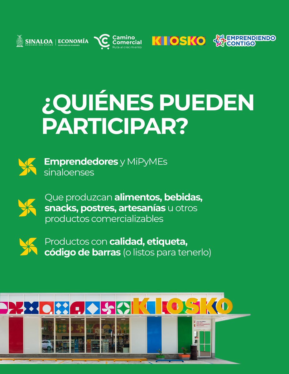 Si tienes un producto hecho en Sinaloa… esta es tu oportunidad para llegar a 236 tiendas Kiosko en todo el estado.

¡Convocatoria abierta!
📆 Del 3 al 16 de noviembre
📝 Regístrate aquí: bit.ly/CONVOCATORIAKI…

Tu producto no nació para quedarse guardado. Llévalo a Kiosko.