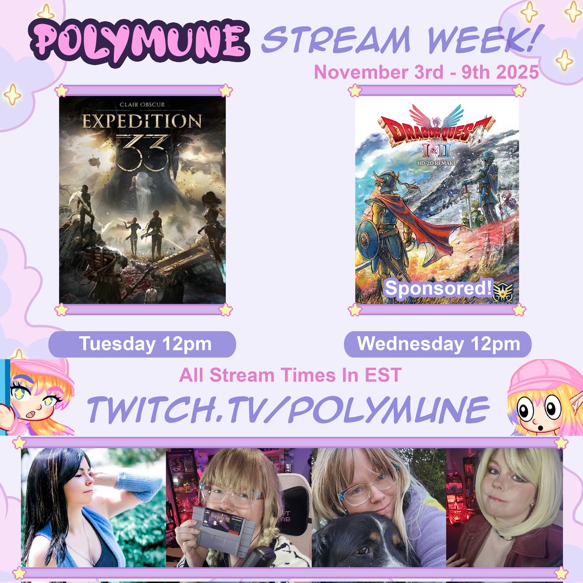 No more conventions until next year, so schedule is back, hopefully, to consistency 🙏 
Kupocon chats, 1 more pokemon halloween Fusion &amp; Expedition 33 tomorrow💪

Then sponsored by <a href="/SquareEnix/">Square Enix</a>  playing dragon quest 1 hd on weds!! Im so honored to show it off to you all 🥺