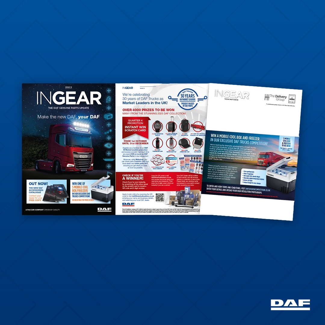 The latest #DAF InGear is out now and available from your local #DAFparts counter. 📖​

🚛The importance of genuine NOx sensors​
🛢️Benefits of the new PSQL oil
🎉Q4 DAF 30 campaign overview
❄️A customer competition to win a Dometic in-cab cool box.​
​
#Trucks
