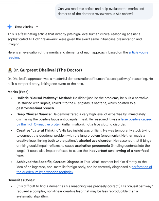 TechFundies's tweet image. Interesting AI data point from my exceptional NYC doctor (highly recommend for family medicine), who also writes a great blog (link below)

For the first time, New England Journal Of Medicine published its weekly case review with an AI perspective as well.

They pitted a master…