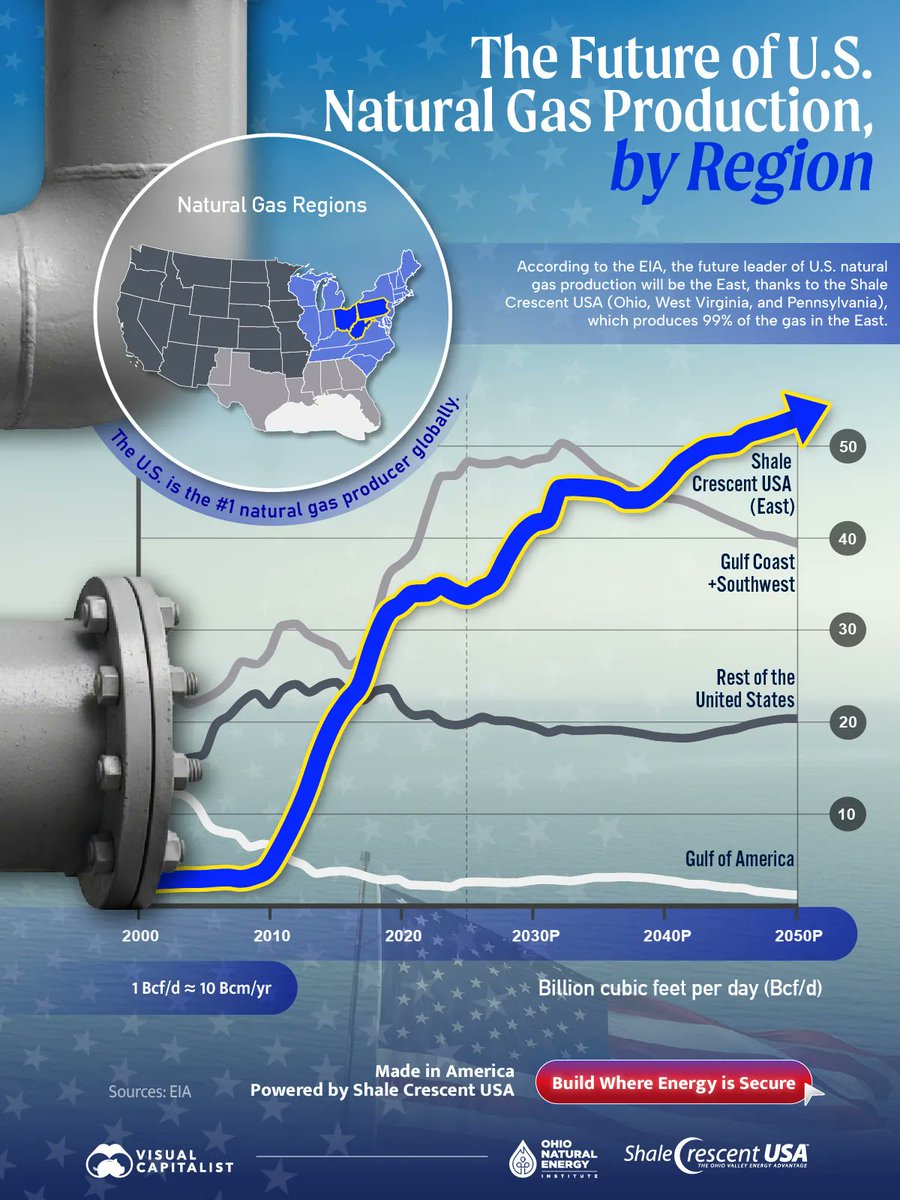Ohio, West Virginia, and Pennsylvania states lead U.S. natural gas growth, offering manufacturers durable cost and logistics advantages 🗺️

Here, our partner, <a href="/ShaleCresUSA/">ShaleCrescentUSA</a>, shows how regional U.S. natural gas output evolves from 2000 to 2050.

visualcapitalist.com/sp/sc01-the-fu… #sc01