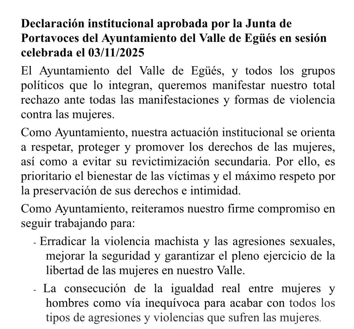🛑Nos adherimos a la declaración institucional aprobada en la Junta de Portavoces de hoy.

❌Rechazamos todas las formas de violencia contra las mujeres 

🙋‍♀️Trabajamos para proteger y promover los derechos de las mujeres