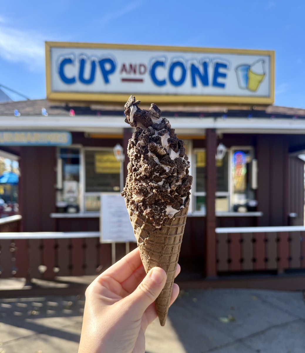 Calling all chocolate fans, this one’s for you! 🍫

Dive into a chocolate waffle cone loaded with chocolate soft serve and rolled in crushed Oreos! It’s the ultimate triple chocolate dream! 😍 

Open 11am-9pm

Online ordering: cupandconewbl.com