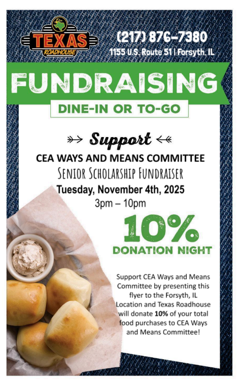 ClintonHS's tweet image. CEA is hosting a Dine and Donate @ Texas Roadhouse in Forsyth.

They provide scholarships to seniors &amp;amp; donate to other programs that benefit CUSD15 students.

Present the attached flyer (Tues, Nov. 4) and they will donate 10% of your total food purchase to CEA.