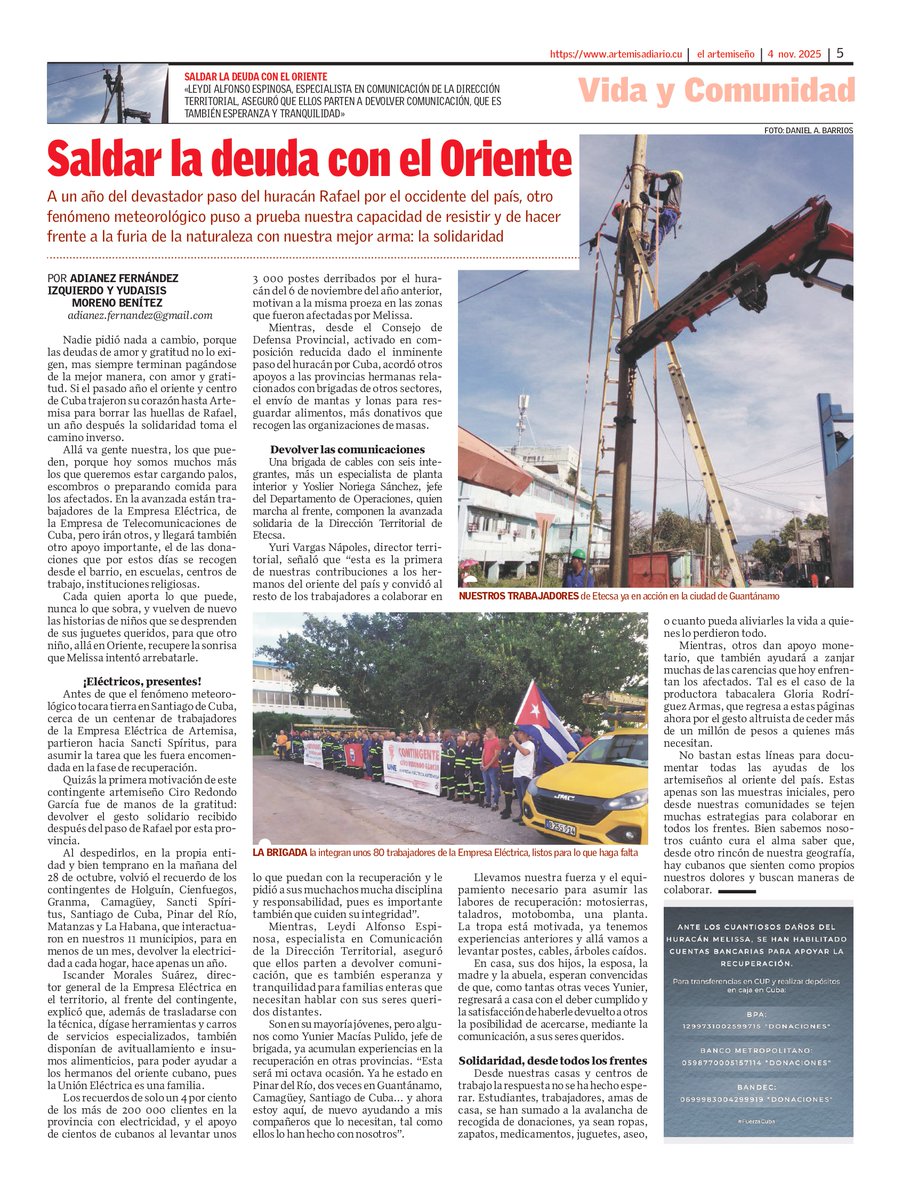 Con aires de solidaridad llega la edición 43 de #elartemiseño. Si el pasado año el oriente y centro
de #Cuba trajeron su corazón hasta Artemisa para borrar las huellas de Rafael, un año después la solidaridad toma el camino inverso.🔗goo.su/X3NuV #UnidosXCuba