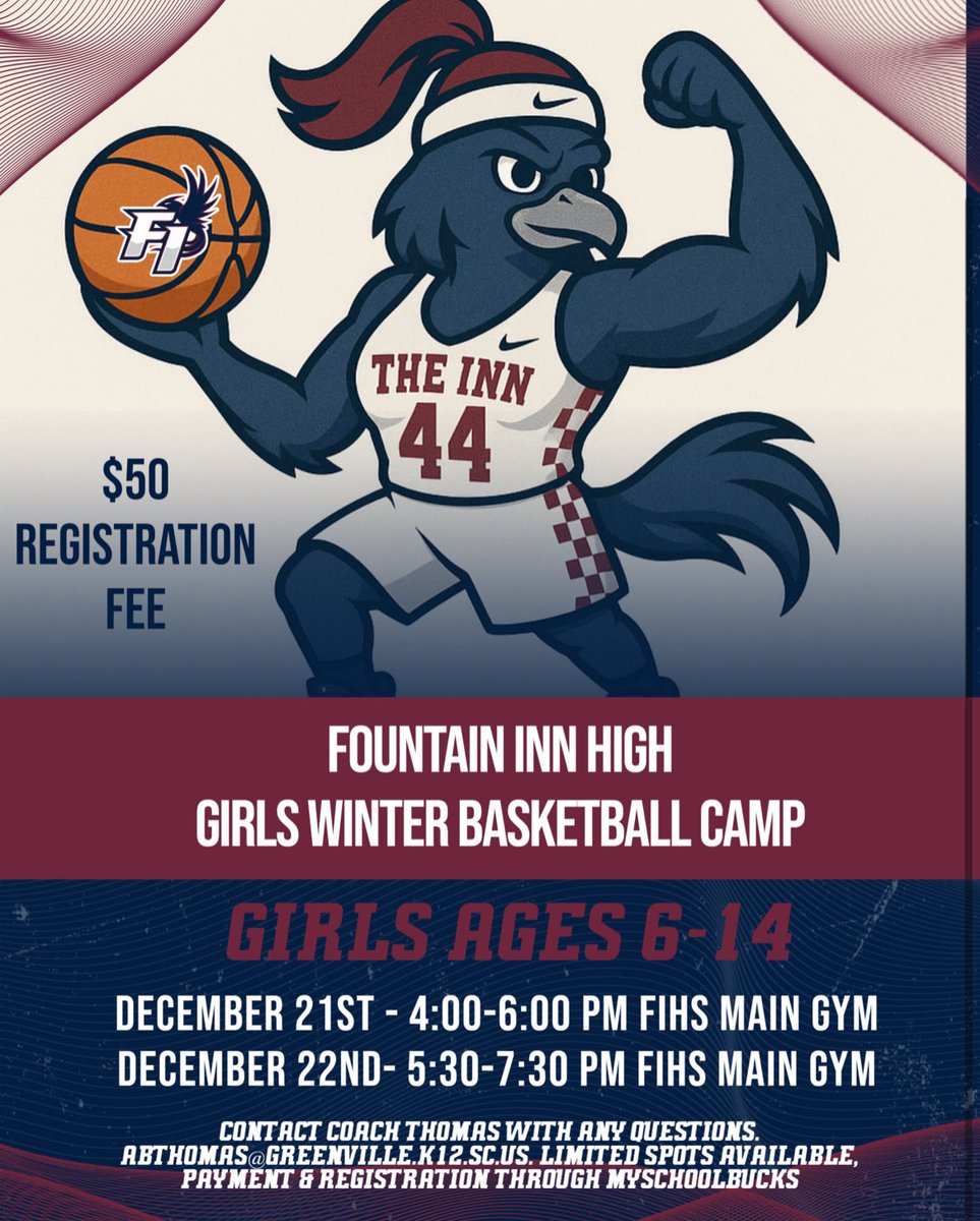 🏀 Future Fury Girls Winter Basketball Camp Ages 6-14

Camp registration is not complete until the registration form has been submitted and payment is made. 

Please contact Coach Thomas with questions abthomas@greenville.k12.sc.us

myschoolbucks.com/ver2/prdembd?r…