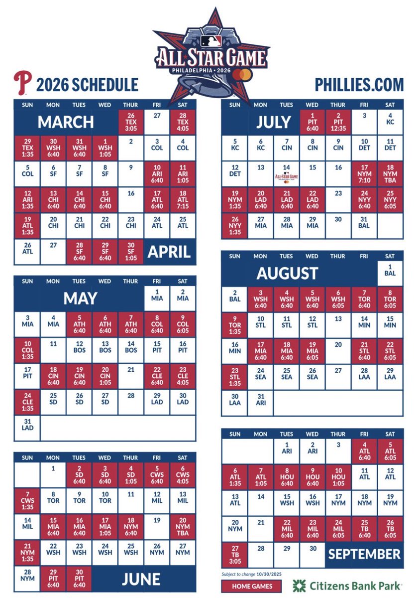 The Phillies just released their Home Game times for the 2026 season.

Opening day against the Texas Rangers will be at 3:05pm.

The majority of Home Night Games will shift to 6:40pm.