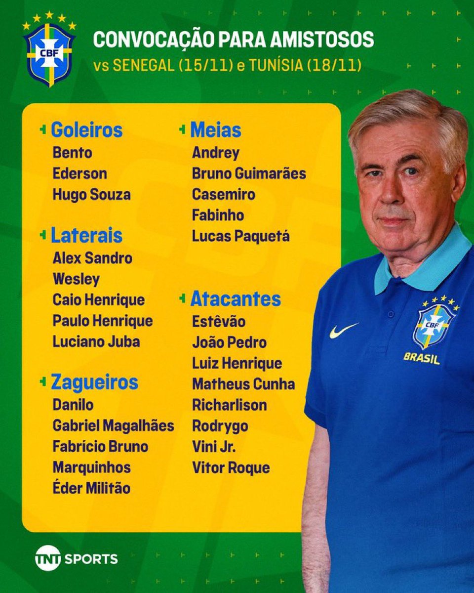Match360TV's tweet photo. 🚨 OFFICIEL !
Voici la liste du Brésil 🇧🇷 dévoilée par Carlo Ancelotti pour affronter le Sénégal 🇸🇳 et la Tunisie 🇹🇳 lors de la prochaine trêve internationale. ⚽🔥

#Selecao #Brasil #SENBRA #TUNBRA

📷 @TNTSportsBR https://t.co/vIiK8FxgFV