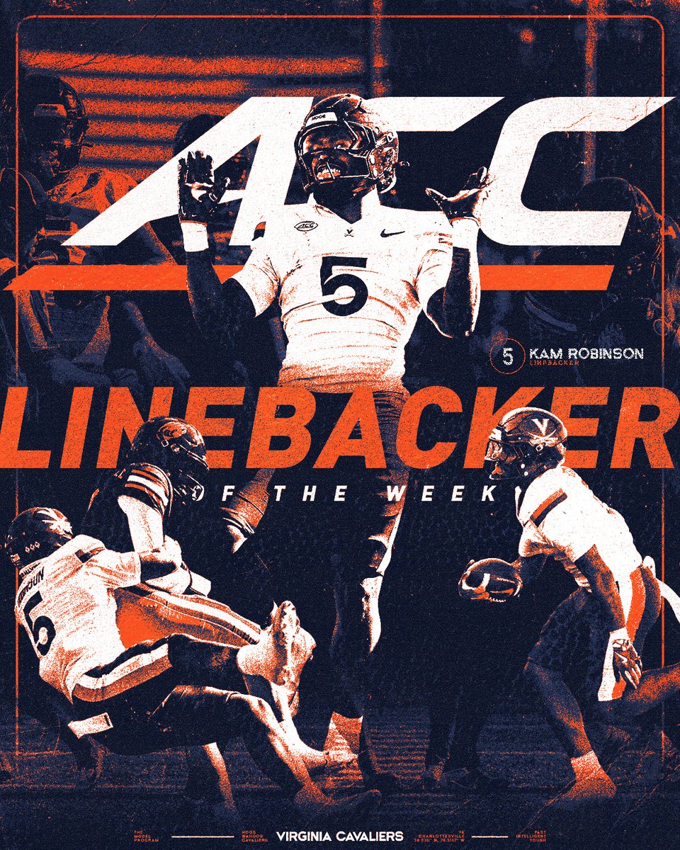 3x <a href="/ACCFootball/">ACC Football</a> LB of the Week for <a href="/Kamrenrobinsonn/">Kamren Robinson</a> 

Most by a UVA LB in a single season🔥

#GoHoos 🔶⚔️🔷