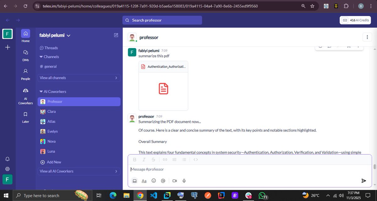Cipher_120's tweet image. I built an AI-powered Telex agent that automatically extracts and summarizes PDFs 📄⚙️
It detects file URLs in chat messages, processes the document, and sends back a clean summary via JSON-RPC — all in under a minute.
#HNG #Telex #AI #Backend