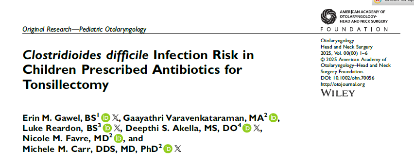 MizzouENT's tweet photo. 📑Collaborative pub from @MizzouENT: Despite recs against routine #antibiotic use in #tonsillectomy, a substantial proportion of children receive them. This practice is linked to an ⬆️risk of C. diff, emphasizing the importance of #antibioticstewardship in surgical care. @AAOHNS https://t.co/YsyRgwP5Et