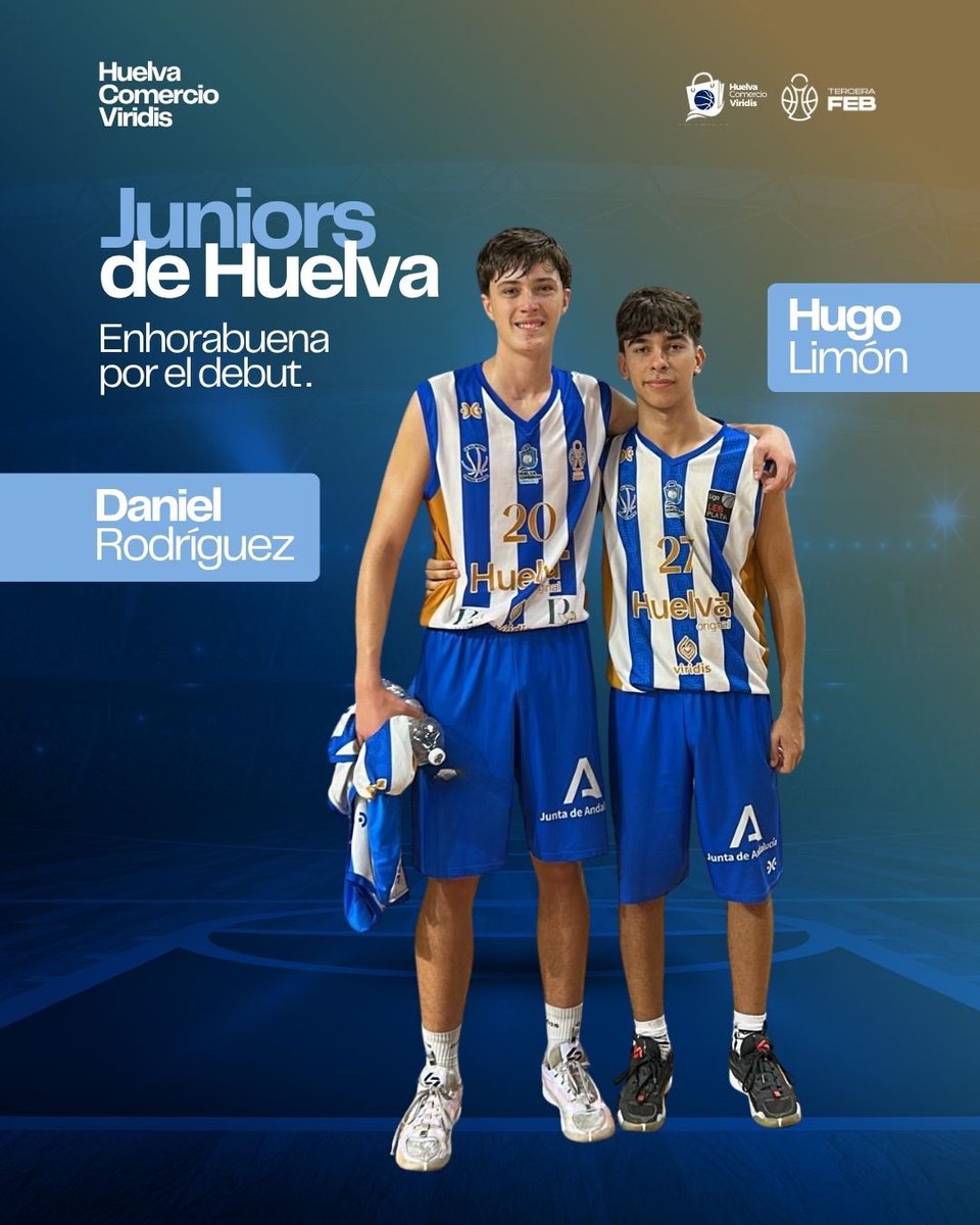 HuelvaComercioL's tweet photo. 🏀 Enhorabuena a nuestros Juniors, Hugo Limón y Daniel Rodríguez, por el magnífico debut en Tercera FEB y por los minutos que este domingo jugaron con el primer equipo del Huelva Comercio Viridis. 💙🤍💙 Son nuestros Juniors, son de nuestra cantera y además son de #Huelva https://t.co/CK51CsDICL