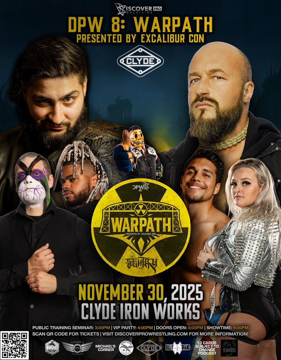 DPWlive's tweet photo. The official poster for DPW 8: WARPATH is here!

Join us Sunday, November 30th, 2025 at Clyde Iron Works in Duluth, Minnesota! 

Featuring DPW Champion Paul Virk, Joey Jet Avalon, Sierra, Jack Ledger, Sentry, and many more.

Tickets: https://t.co/ZscWEFBg5b https://t.co/j6Kt5NKXvJ