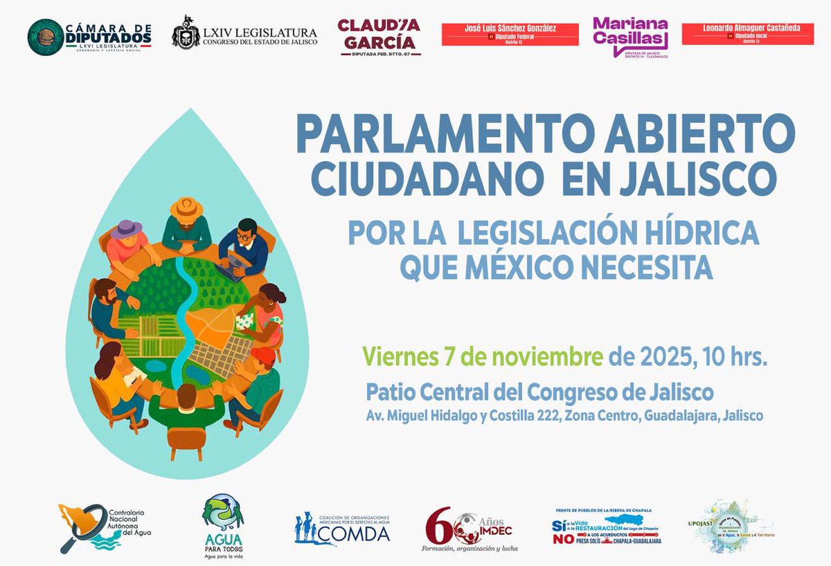 💧#ParlamentoAbiertoPorElAgua|En el marco de las Reformas
a la #LeyDeAgua en #México, logramos se abra la discusión 
y consulta a través de #ParlamentosCiudadanos e #Interparlamentarios, para revisar y debatir la Ley General de Aguas que #Jalisco y el país necesita
📣💦Participa