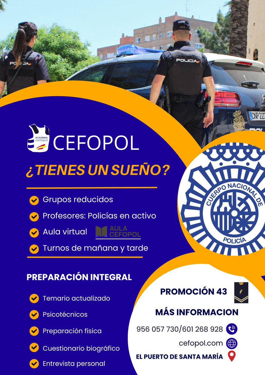 📷¿Tienes un sueño? Conviértelo en tu uniforme.📷
📷Ser Policía Nacional no es para todos... pero sí para quienes se esfuerzan y nunca se rinden.📷
📷Te ayudamos a llegar hasta el final
📷CEFOPOL- PUERTO DE SANTA MARÍA donde los sueños se entrenan hasta convertirse en realidad.