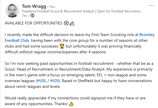 TheNonLeagueSct's tweet photo. AVAILABLE FOR OPPORTUNITIES ⚽️✍🏻 I've left my First Team Scout role at @bromleyfc so I'm seeking paid opportunities in football recruitment as per the below. I would appreciate any heads up on leads from friends/colleagues in the game - even if you just want to talk recruitment! https://t.co/AJWCZBg6p1