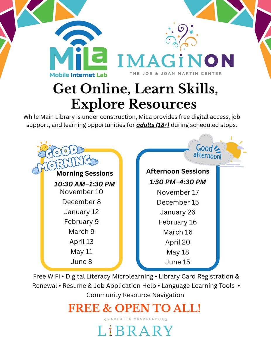 cmlibrary's tweet image. MiLa, the Library&apos;s Mobile Internet Lab will now be parked outside of @ImaginOn two Mondays each month, offering both a morning and an afternoon session to provide access for a variety of community needs! 

More information on availability for MiLa here-&amp;gt;bit.ly/4orcrU3