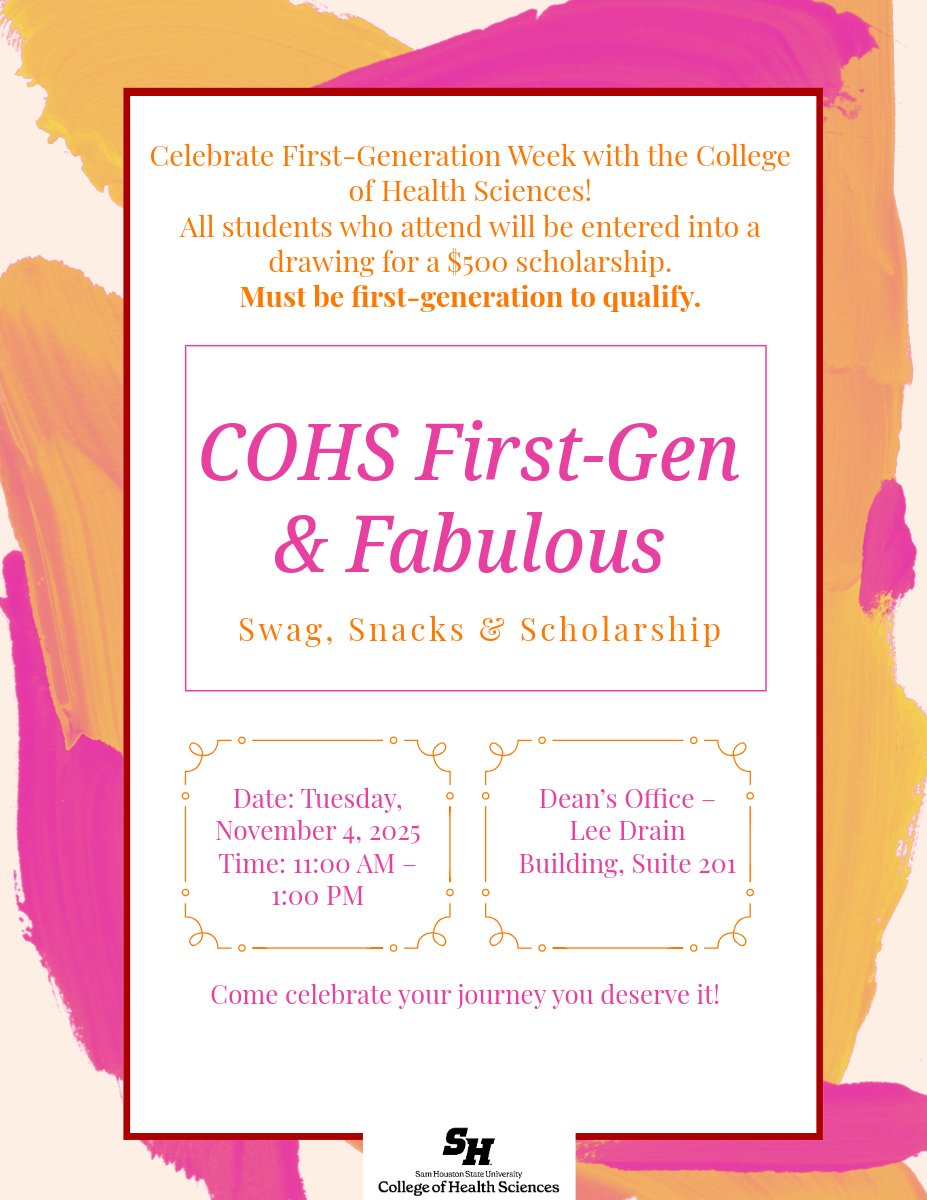 Hey first-gens this one’s for you! 🎓
Join us Tuesday for First-Gen &amp; Fabulous with COHS and SON!
✨ Free snacks
🎁 Swag
💸 $500 Scholarship Drawing
#FirstGen #COHS #SHSU #SON