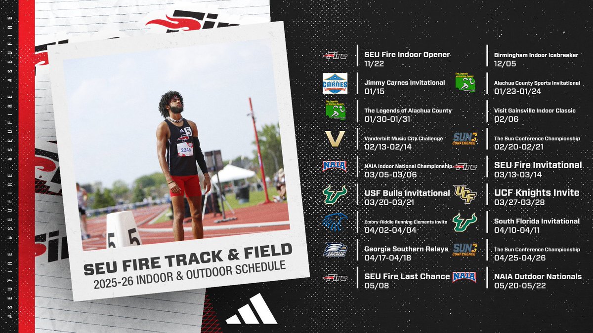 SEUFireTrack's tweet photo. The 2025–26 SEU Track &amp; Field schedule is here! Let’s make this season one to remember. 🔥 #SEUFire #WeReady https://t.co/jI6d2EbjwN