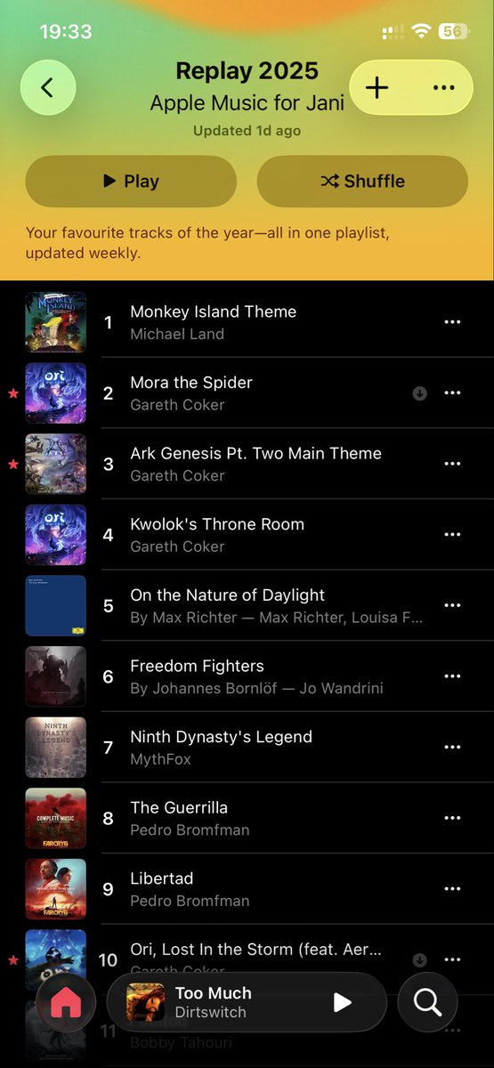 windjacker's tweet image. #FantasyIndiesNovember 3: The Playlist.

Lots of video game+movie OSTs and classical. No surprise Monkey Island and @garethcoker ‘s Ori suite take the top spots.