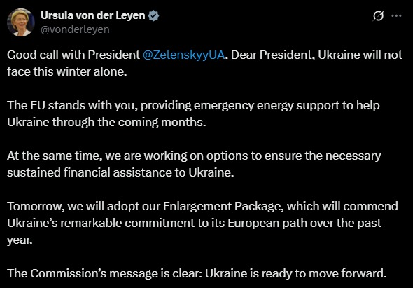 MarioNawfal's tweet image. 🇪🇺🇺🇦 EU CHIEF: &quot;UKRAINE WILL NOT FACE THIS WINTER ALONE&quot;

Von der Leyen:

&quot;Dear President [Zelensky], Ukraine will not face this winter alone.

The EU stands with you, providing emergency energy support to help Ukraine through the coming months.

Tomorrow, we will adopt our…