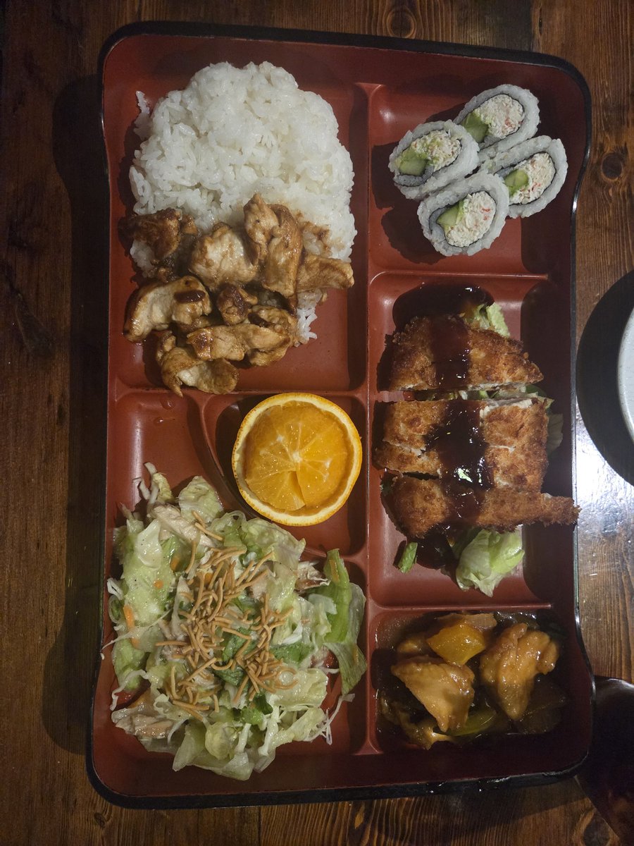 $13.50 bento box that came with Miso Soup here in Phoenix. Really good deal, and great food honestly. Cherryblossom Noodle Café, it's on their lunch menu here.