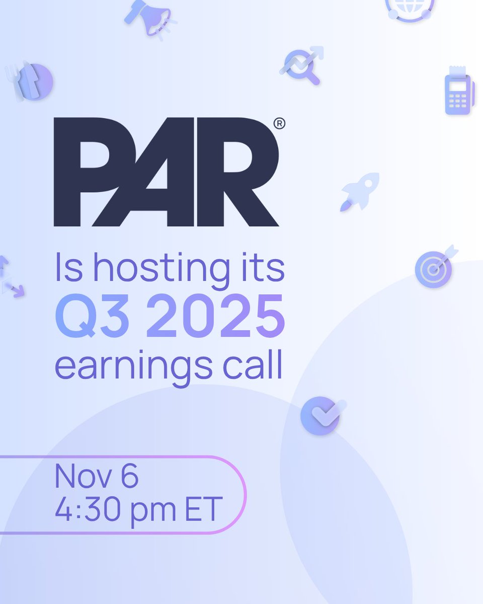 PAR_Tech's tweet image. Join us for PAR’s Q3 2025 earnings webcast on November 6 at 4:30 p.m. ET.

📊 Hear updates and insights from our leadership team.

🔗 partech.pulse.ly/mtdqmqhtav