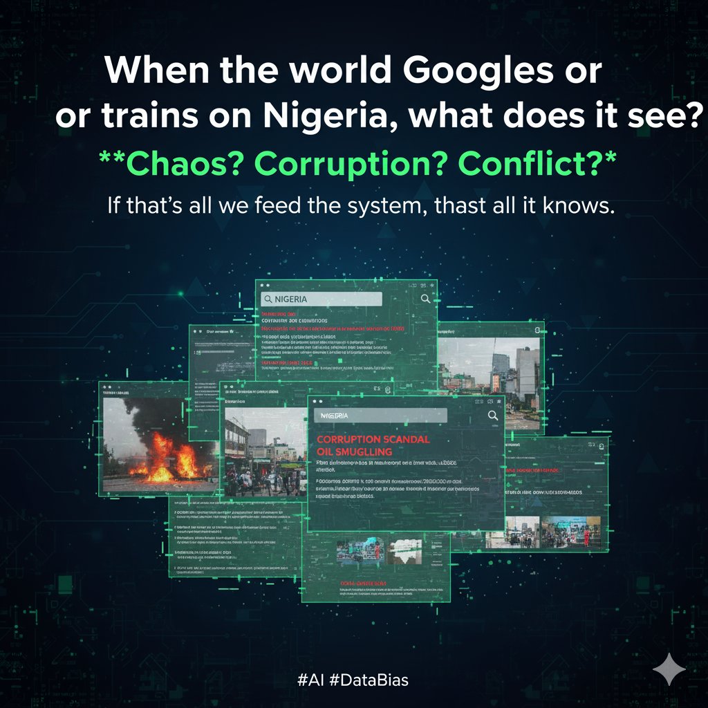omoba_saanu's tweet photo. AI mirrors our data.
If we show poverty, it learns pity.
If we show progress, it reflects pride.
Let’s feed it the real Nigeria full of brilliance and beauty 🇳🇬
#AI #DigitalPerception #TruthMatters #Trump https://t.co/sajBEf9llP