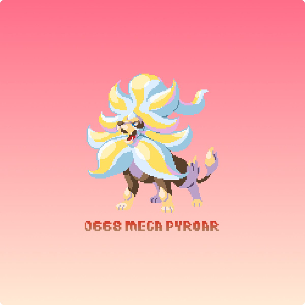 We start the week with Mega Pyroar!! yeaa... ngl i dont like this mega at all, i tried my best to make it good looking though. 

Idk how mine is going to be named. Maybe... Pistacho? idk

#PokemonZA #pixelart