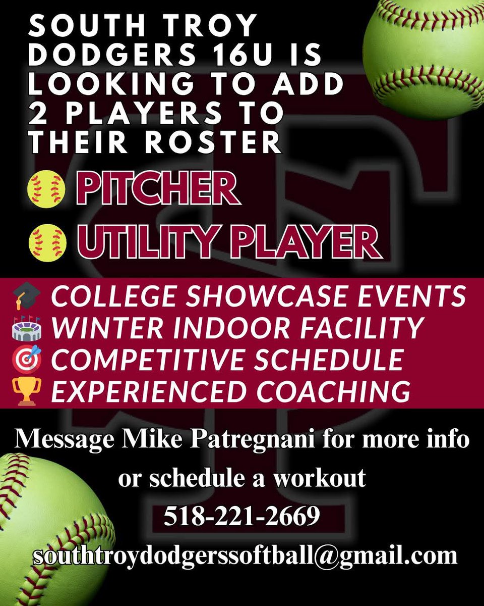 If you want your play at this level to prepare you for the next level, we humbly offer our services for the right players/families. Contact HC Mike Patregnani for more information today.

📱 518-221-2669
📧 southtroydodgerssoftball @ gmail . com