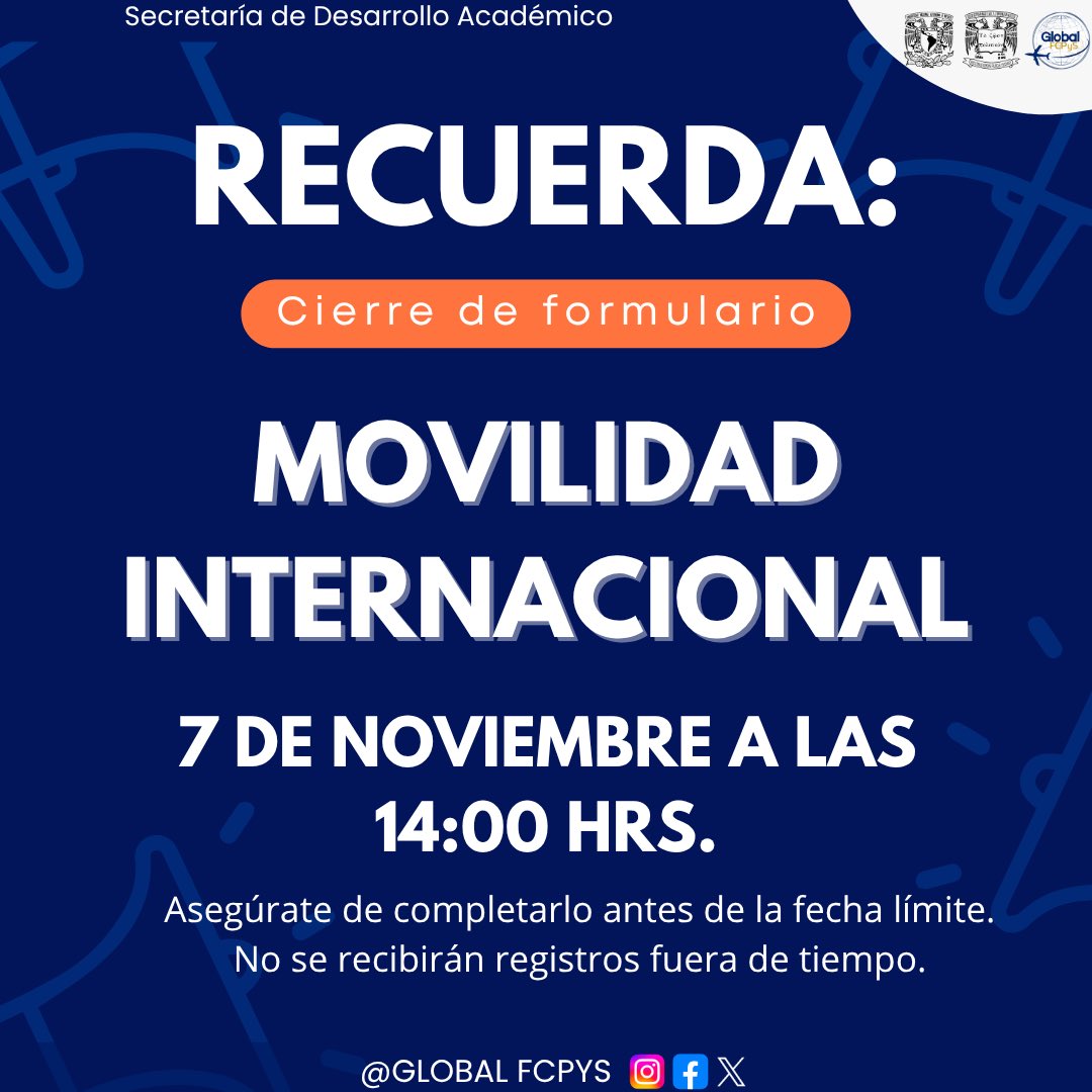 GlobalFCPyS's tweet image. No te pierdas la oportunidad de estudiar en el extranjero.
Aquí te decimos como aplicar: www2.politicas.unam.mx/sda/wp-content…