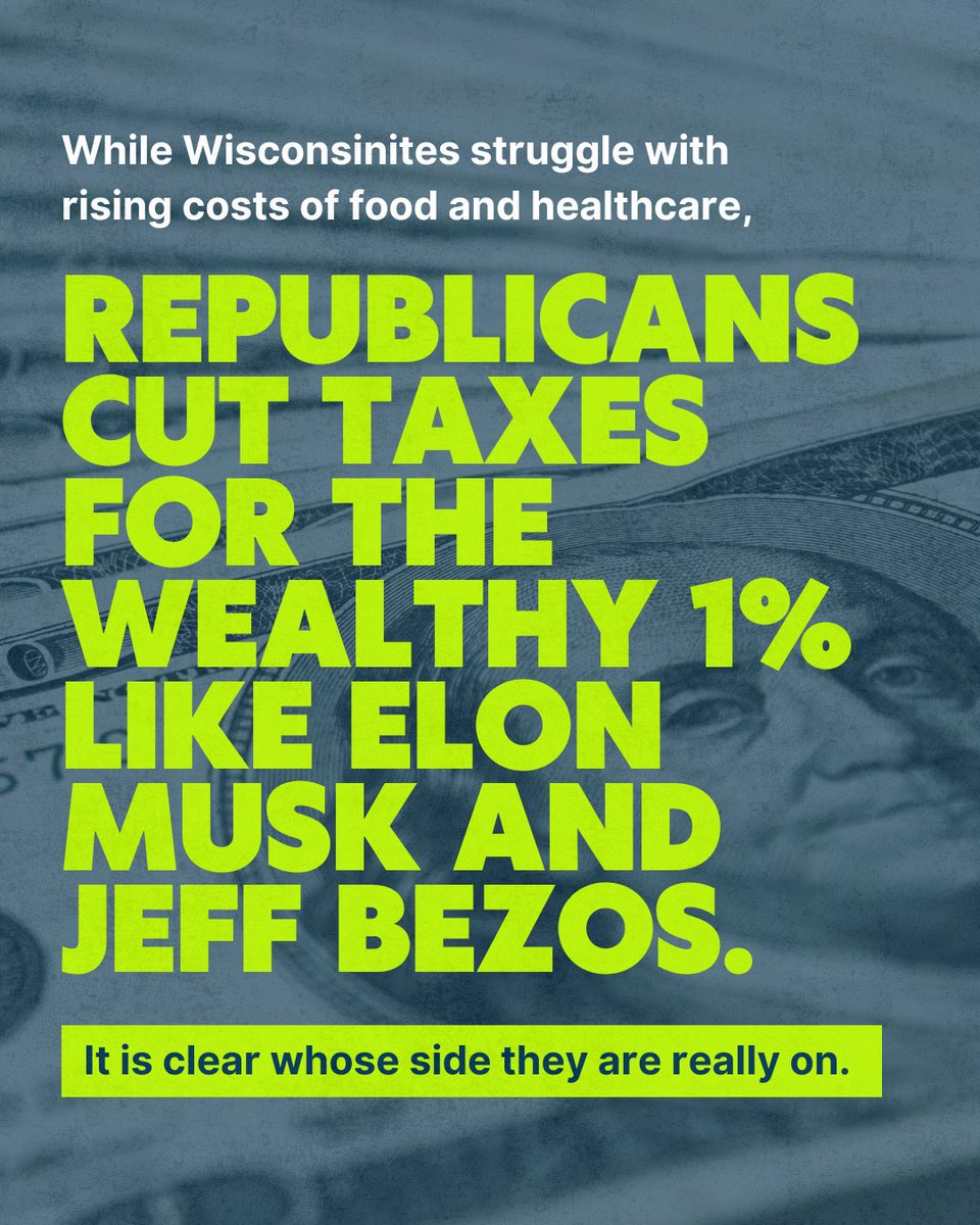 WImegaphone's tweet image. Republicans in Congress like Derrick Van Orden &amp;amp; Tom Tiffany have repeatedly made it clear that they work for the wealthy few—not Wisconsinites.

Demand they lower everyday costs for our families instead of padding the pockets of billionaires at 202-224-3121.

@ForOurFutureWI