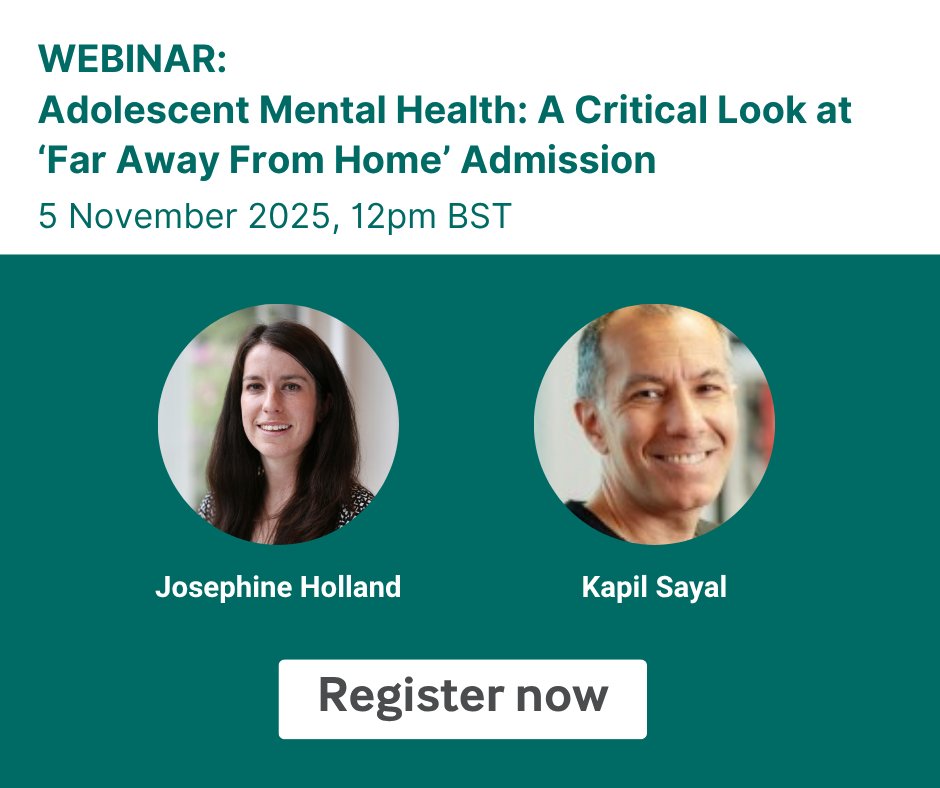 What issues arise when adolescents are admitted to #mentalhealth wards a great distance from their homes or, in some cases, on adult wards?
Join a live webinar with author <a href="/Drjoholland/">josephine holland</a> on this subject.

📅 5 Nov | 12:00 PM BST
🔗 Sign up here: bit.ly/4oskxfF