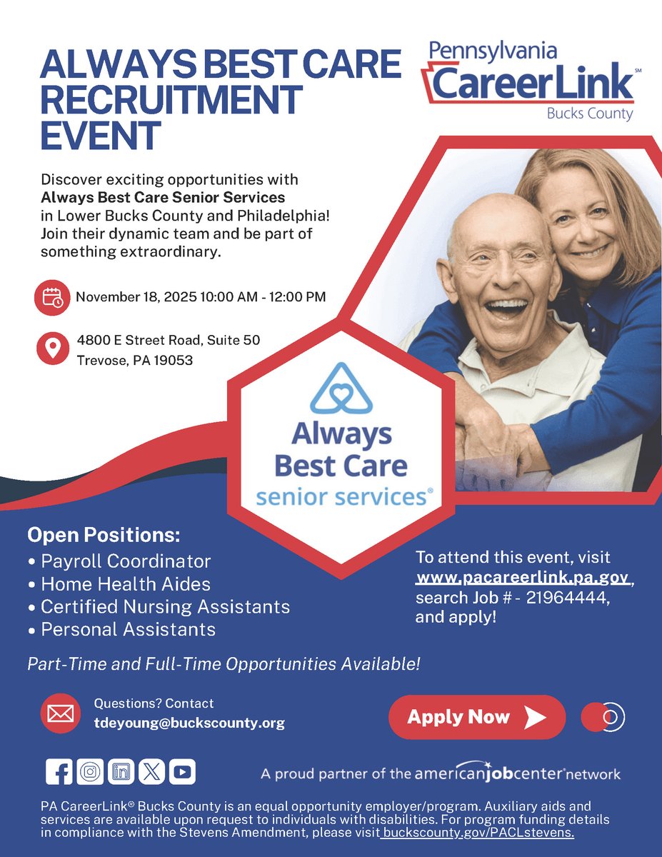 Always Best Care is coming to our office in Trevose for a hiring event on November 18th! Mark your calendars 📆 and please share! 🌐 #nowhiring #recruitment