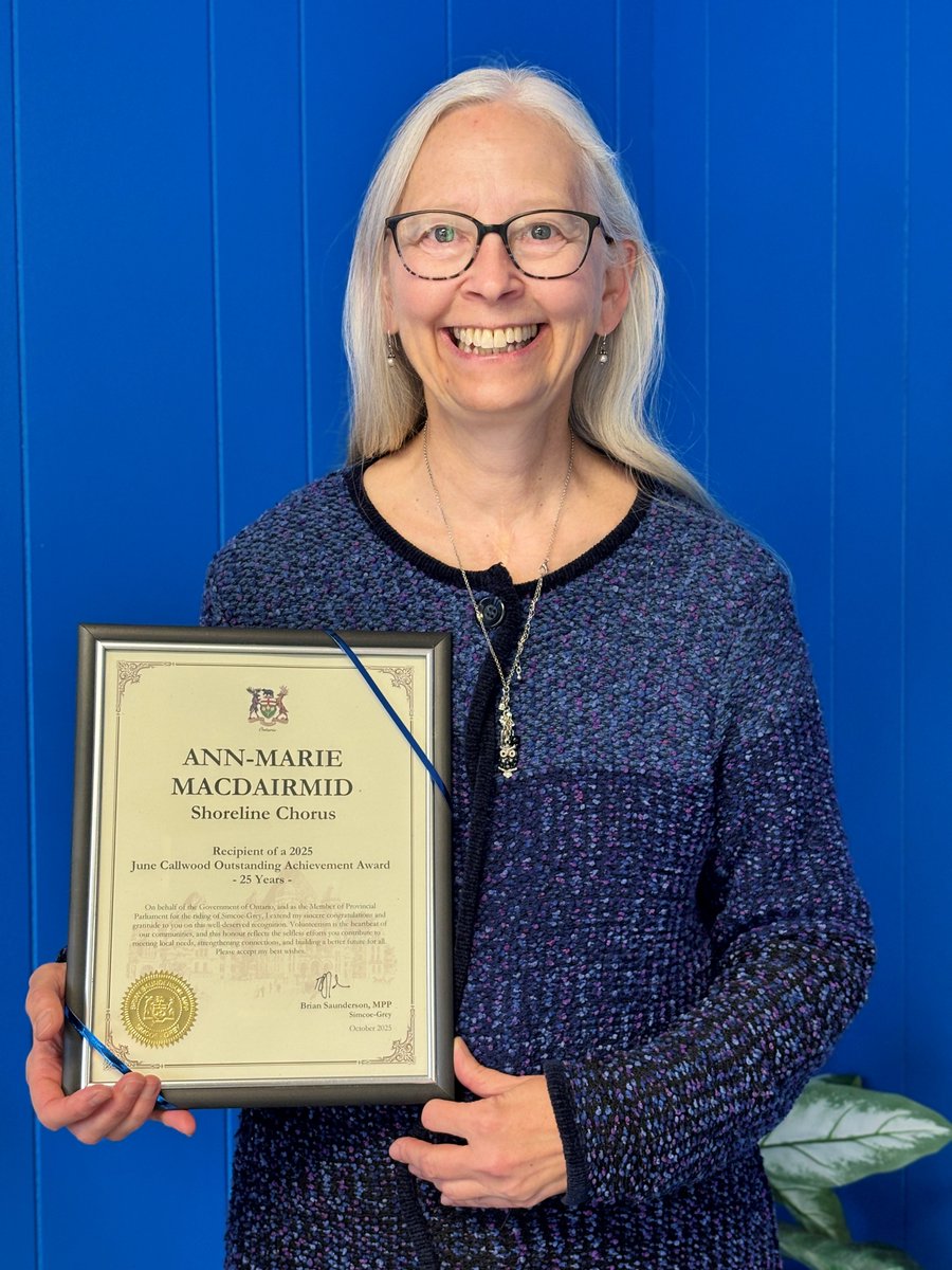 It was an honour to recognize Thornbury’s Ann-Marie MacDairmid, recipient of the 2025 June Callwood Outstanding Achievement Award for Voluntarism.

For 25 years, Ann-Marie has led the Shoreline Chorus, using music to bring people together and support local causes. Congratulations