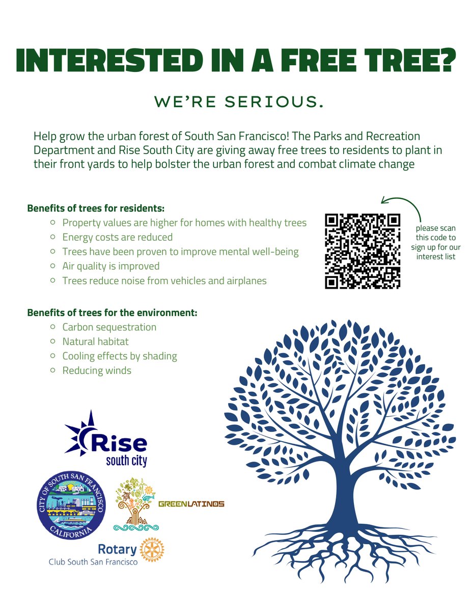 🌳 Help grow our urban forest! SSF Parks &amp; Rec+ Rise South City are giving **free trees** to residents to plant in their front yards .
Benefits:
• Higher property value
• Lower energy costs
&amp; much more:

Apply: docs.google.com/forms/d/e/1FAI…
