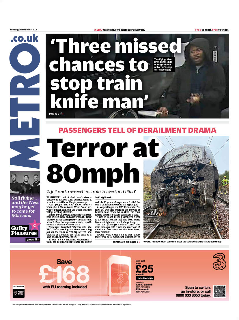 MetroScotland's tweet image. Wednesday&apos;s front page                                          

Terror at 80mph                              

🔴Passengers tell of derailment drama                     
🔴‘A jolt and a screech’ as train ‘rocked and tilted’

#scotpapers #skypapers #bbcpapers