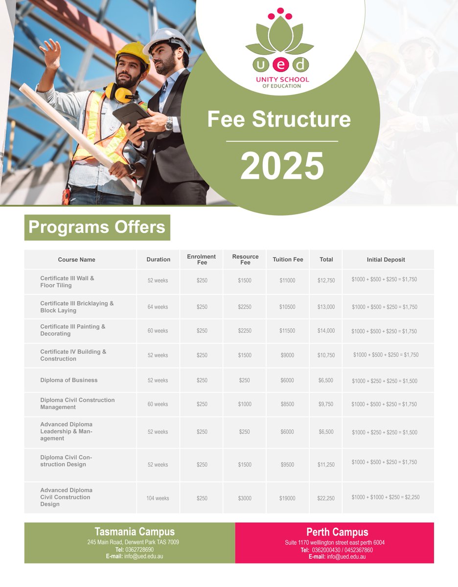 UnitySchoolD's tweet image. Check out our **2025 Fee Structure** and choose from a wide range of industry-focused programs — from Construction to Business &amp;amp; Management. 

📞 Contact us today to start your journey! [ued.edu.au]

#UED #StudyInAustralia #Education2025 #FutureReady