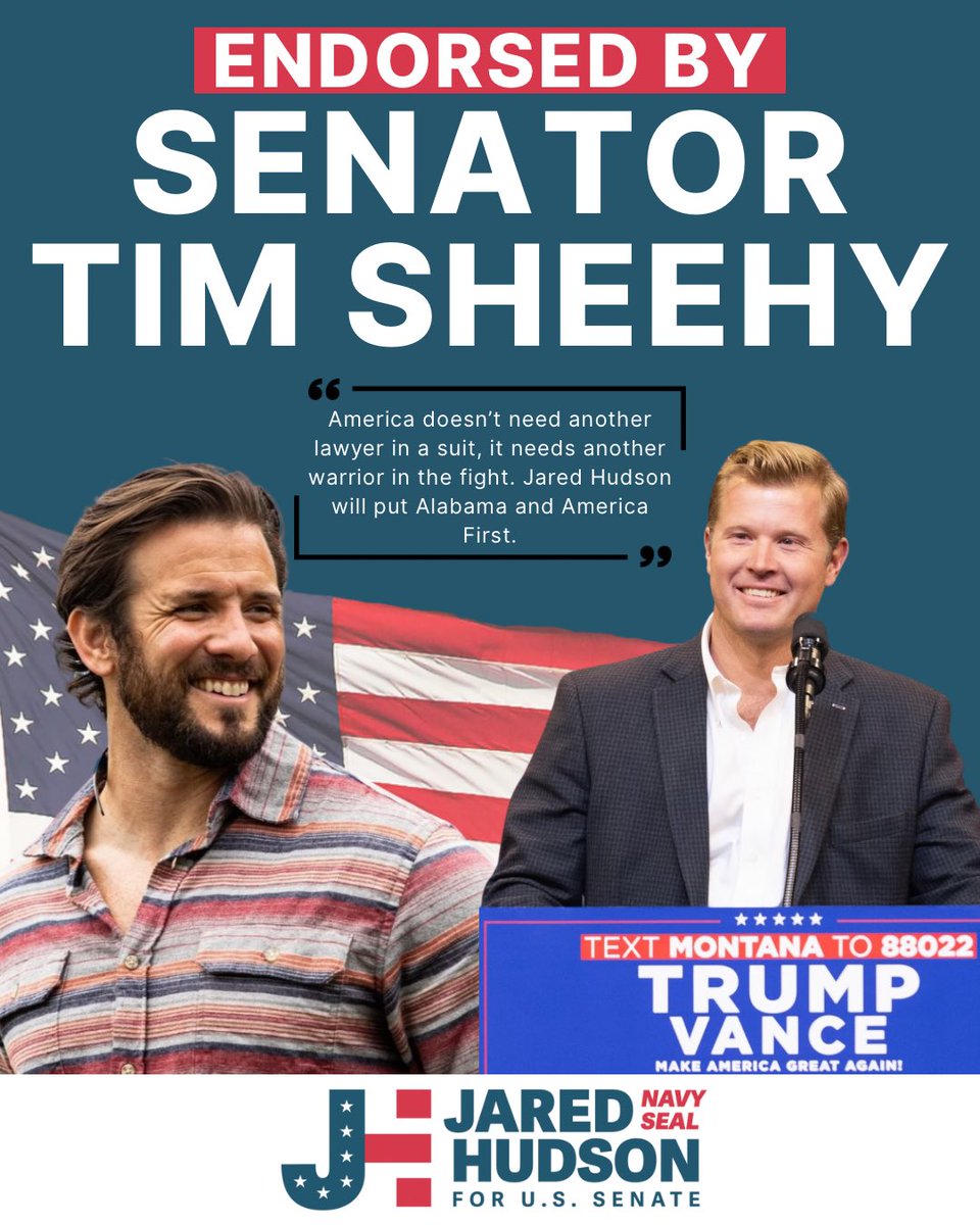 Honored to have the support of my fellow Navy SEAL, Senator <a href="/TimSheehyMT/">Tim Sheehy</a>.

Washington’s full of politicians and lawyers. It’s time to send warriors.

#AlabamaFirstWarrior #HudsonForAlabama 🇺🇸