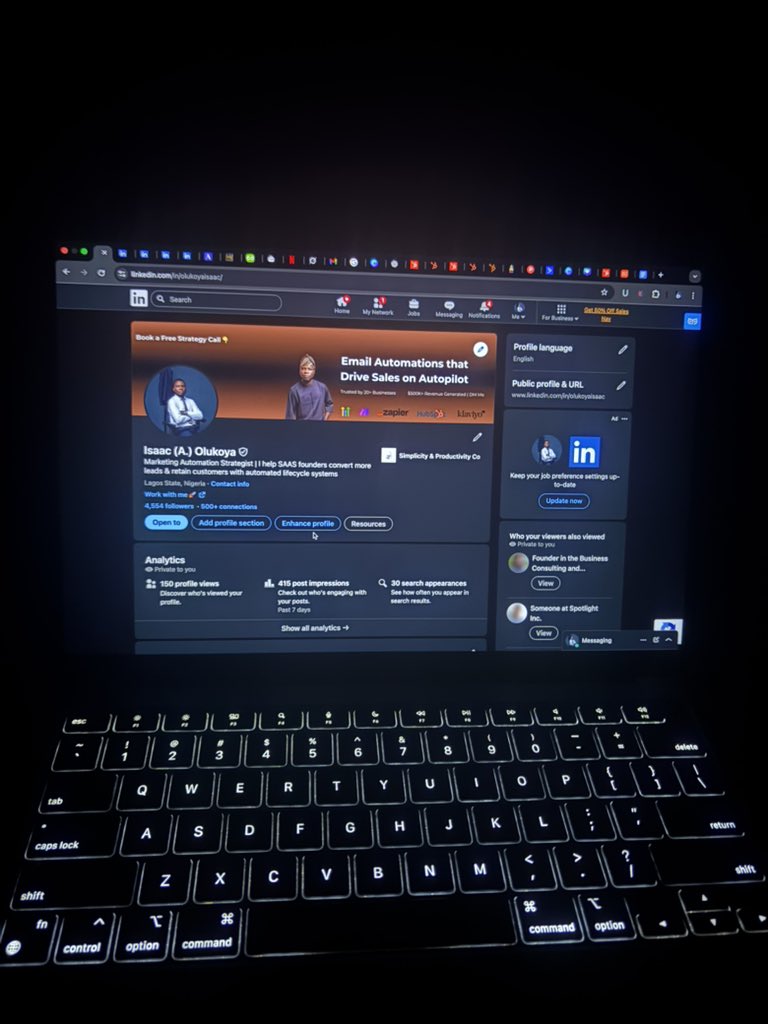 buildwith_isaac's tweet image. Been on this laptop since 8am

- Built an onboarding sequence on #HubSpot
- Posted on LinkedIn
- Set up a client newsletter on #GoHighlevel
- Prospect 10 YC backed SAAS founders on LinkedIn
- Sent follow up 
- Read 
- Took a walk
- Back on my desk again

😭