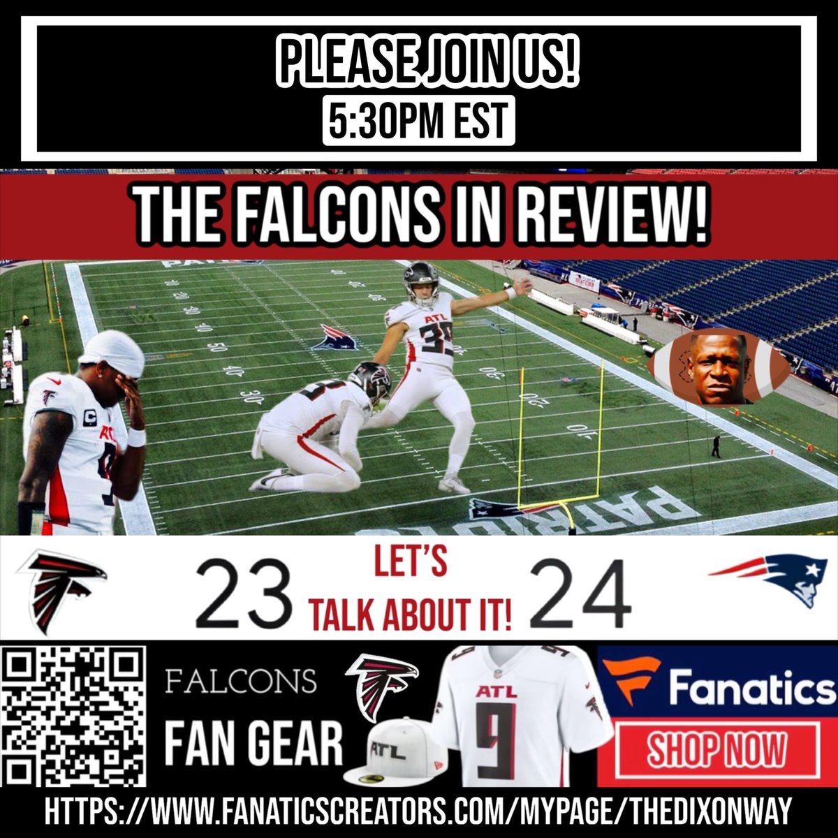 ATLfinalround's tweet image. Please join us at 5:30pm est for #AtlantaFalcons #dirtybirds #TheDixonWay #nfl #NFL as we talk about how the Falcons invented a new way to lose the game in the Atlanta Falcons vs New England Patriots Postgame Show | Falcons In Revie... youtube.com/live/OieE2l4_o… via @YouTube