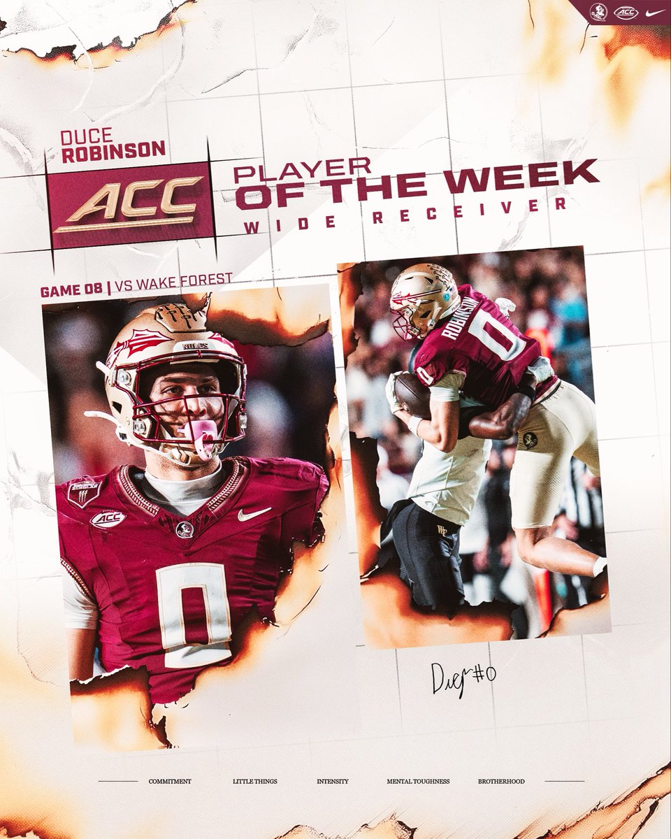 FSUFootball's tweet image. The ACC WR of the Week is @Ducerobinson2!

🍢 148 receiving yards and 1 TD on 5 catches
🍢 His 3rd 140-yard game this season, most by an FSU receiver since 2000
🍢 Leads ACC in 30+ yard catches 

🔗: noles.co/43eDUAq

#NoleFamily