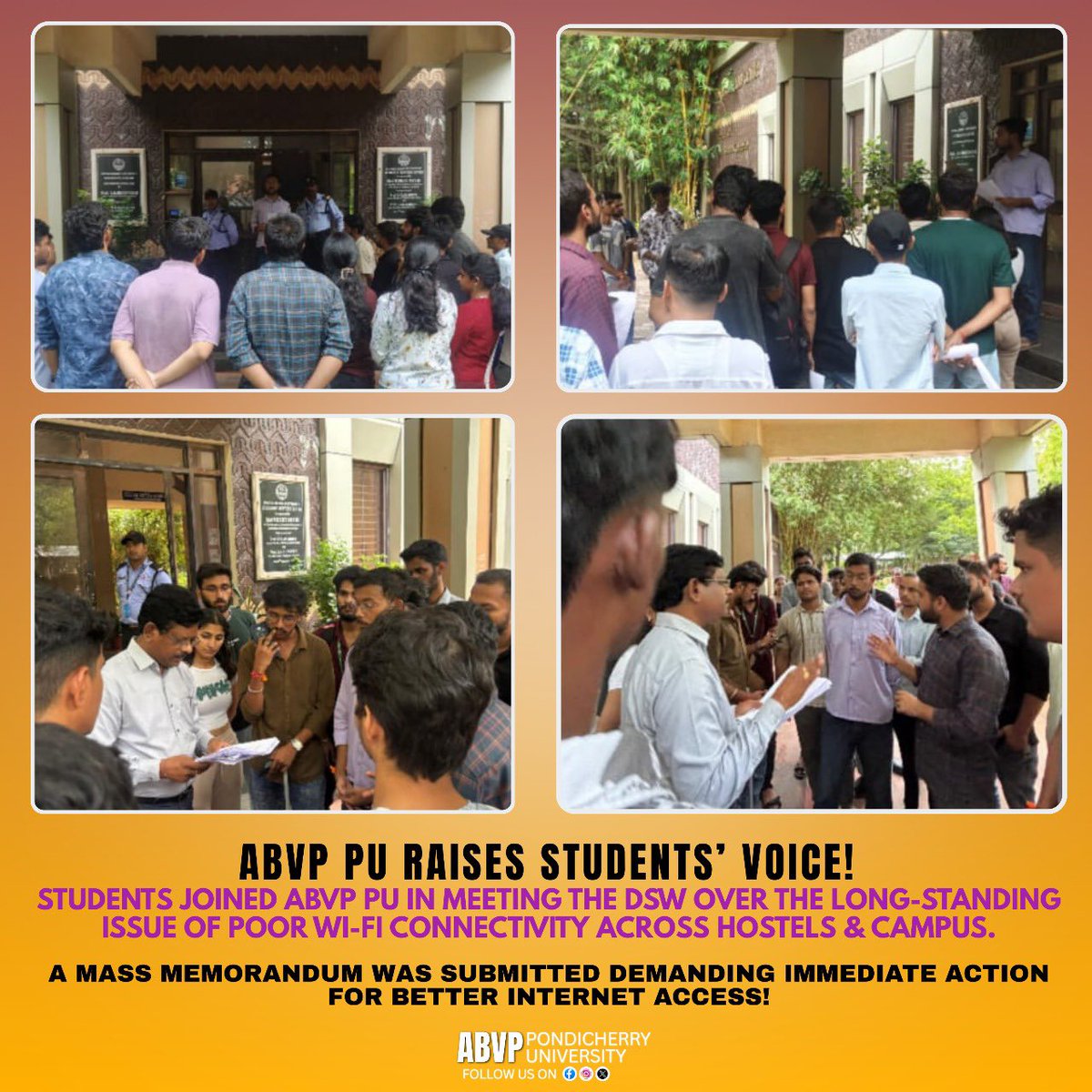 ABVP PU Raises Students’ Voice!
Poor Wi-Fi is hurting academics across Pondicherry University hostels. Today, ABVP PU along with students met the 'Dean of Students Welfare' and submitted a Mass Memorandum demanding urgent solutions.