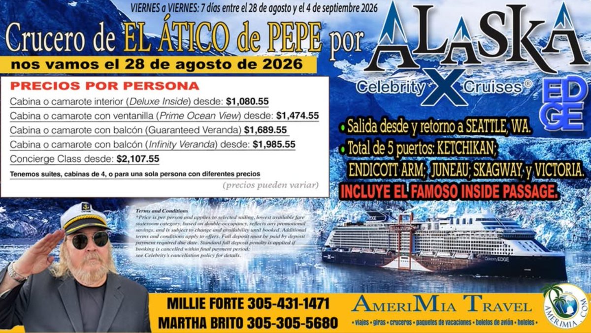 🎄 Esta Navidad regalá una experiencia, no un objeto.
🚢 Crucero por Alaska – Agosto 2026
Glaciares, ballenas y paisajes que te van a emocionar ❄️🐋
📲 Info: Amerimia Travel
Millie 305-431-1471 | Martha 305-305-5680
🌐 amerimiatravel.com
#CruceroAlaska #AmerimiaTravel