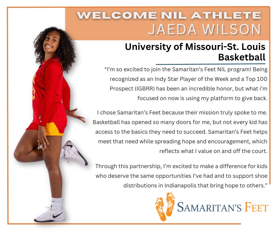 We’re excited to welcome Jaeda Wilson to our NIL family! 🏀

Jaeda is using her platform to serve others and help bring shoes and hope to communities in Indianapolis. We’re grateful for her heart to make a difference!

#SamaritansFeet #GiveShoesGiveHope #NIL #JaedaWilson #UMSL